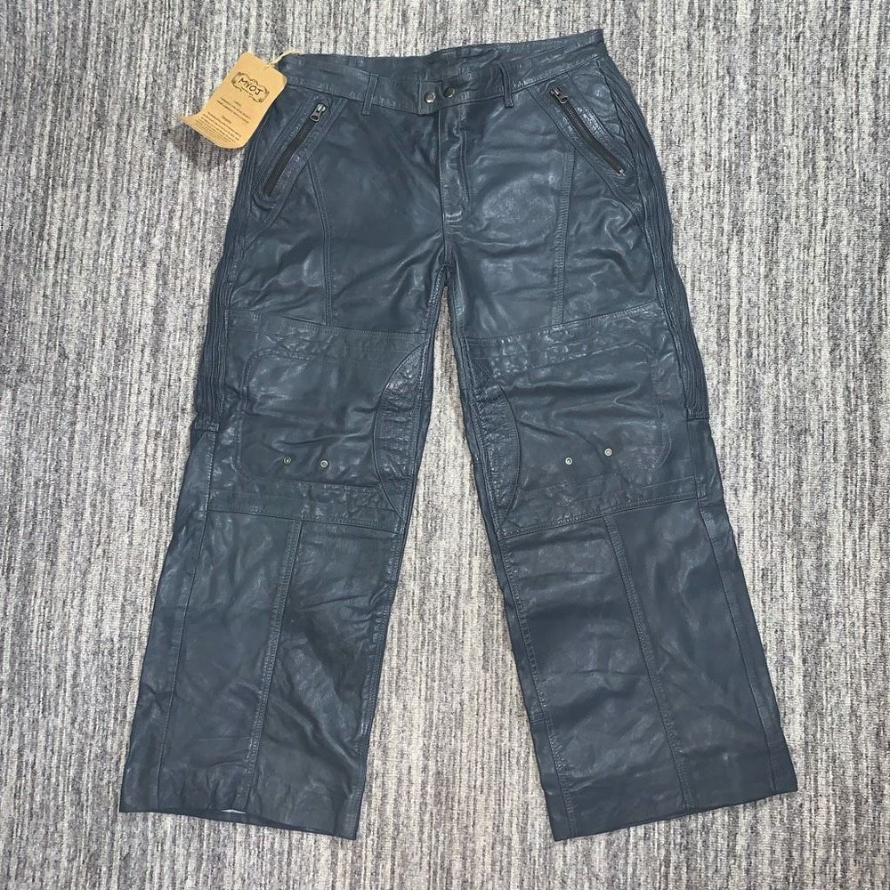 Leather Cult Womens Size 34 Leather Cargo Pants Gray‎ Wide Leg Moto Biker NWT